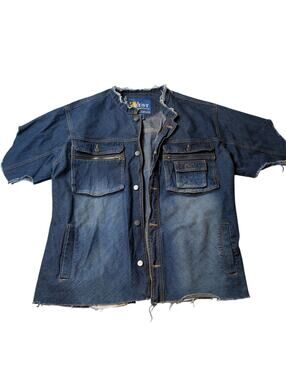 VTG Y2K Trust Sport Collection Denim Jacket L Raw Hem Cargo Pockets Cut Off
